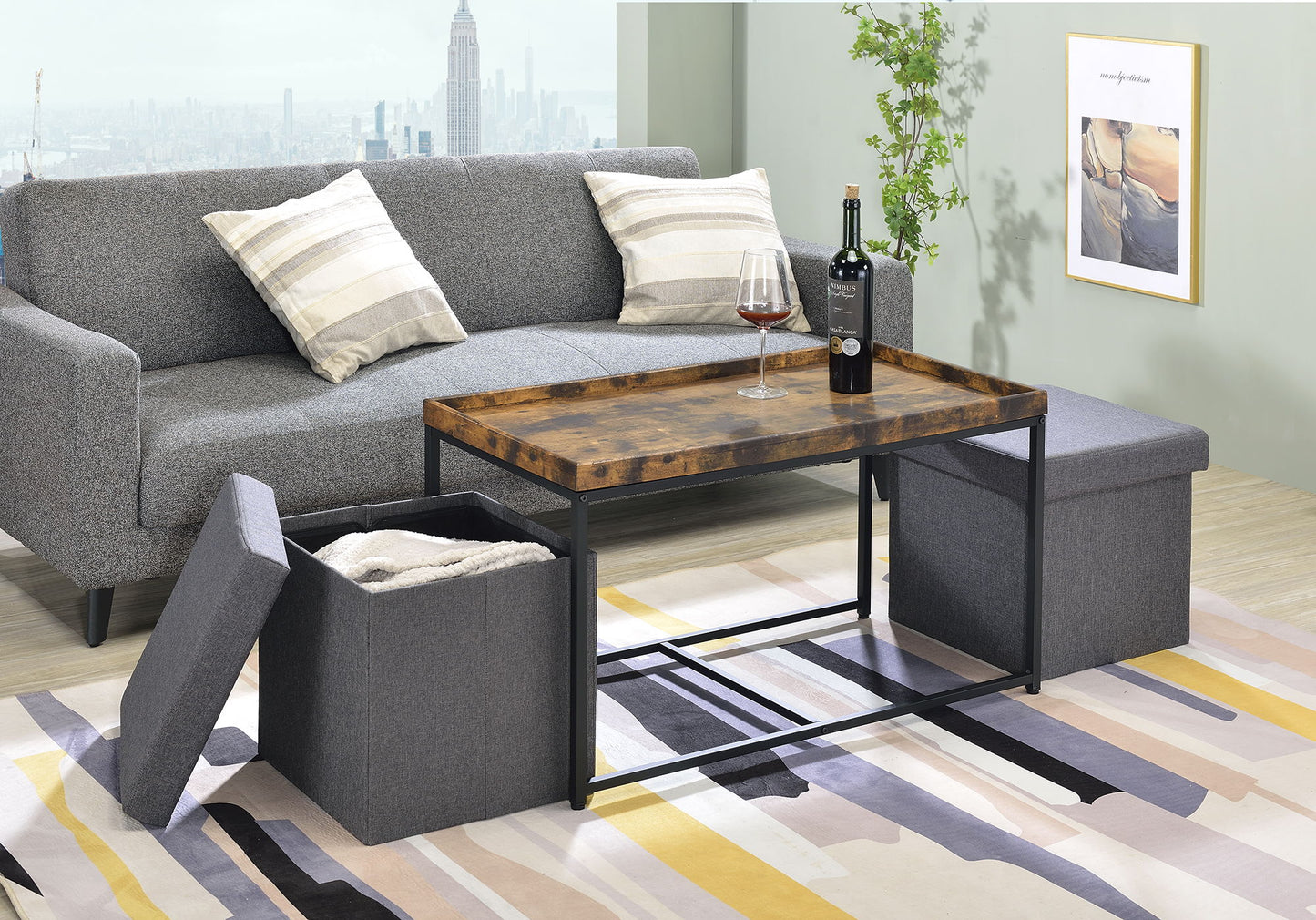 Monty - Wood Grain 3 Piece Coffee Table Set With Raised Edges (Set of 3) - Weathered Oak