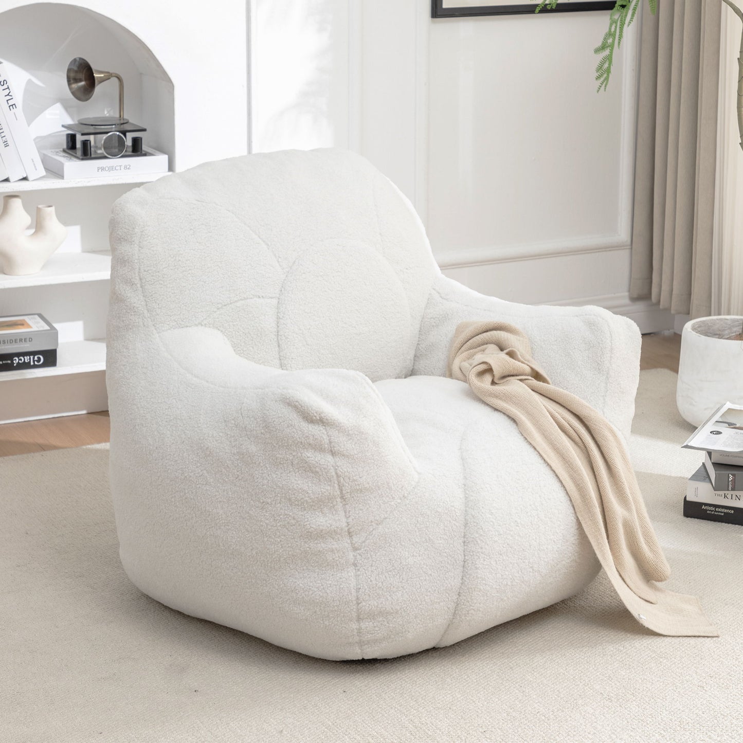 Comfy Bean Bag Chair With Filler, Tufted Memory Foam Sofa Teddy Fabric, Fluffy And Cozy Seating For Dorm, Apartment, Or Living Room - White