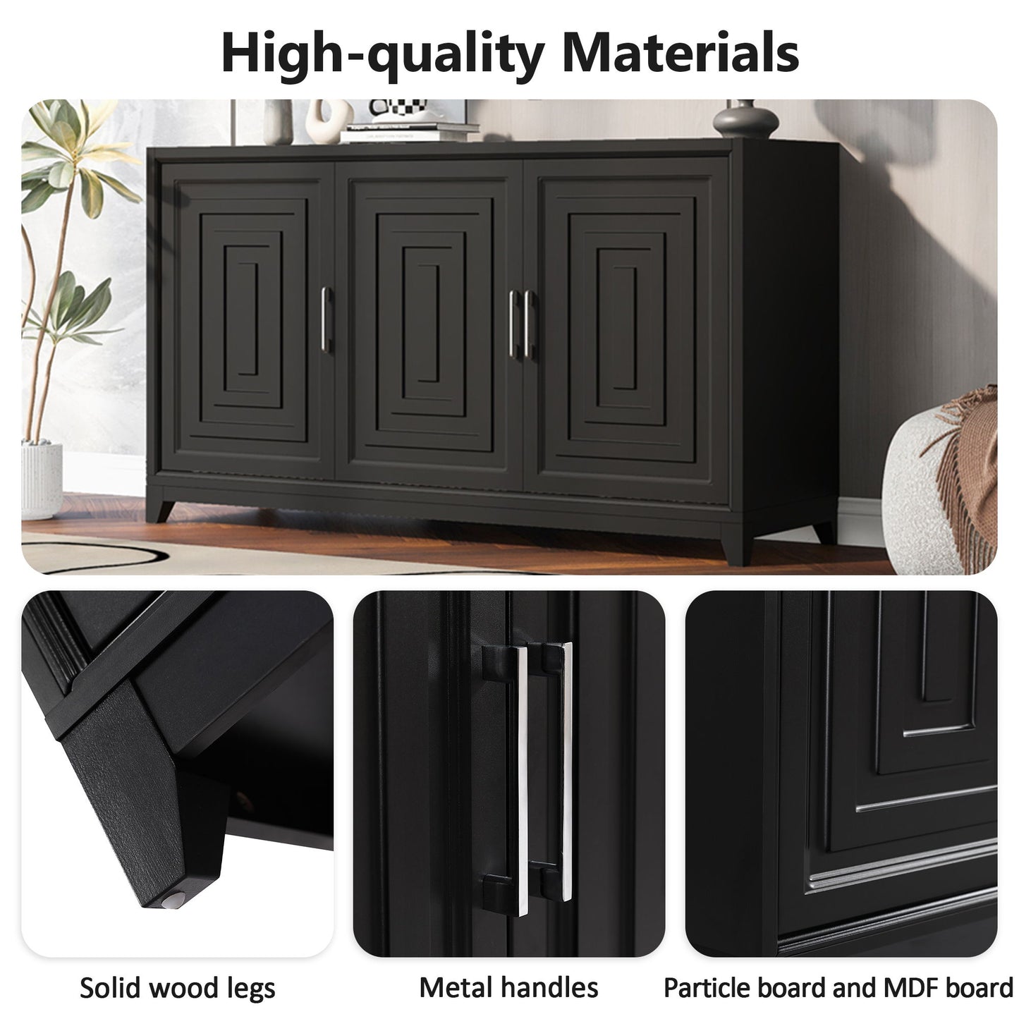 TV Stand For TVs Up To 65", Modern Entertainment Center Media Console Cabinet With 2 Spacious Storage Space, Solid Wood Legs For Living Room - Black