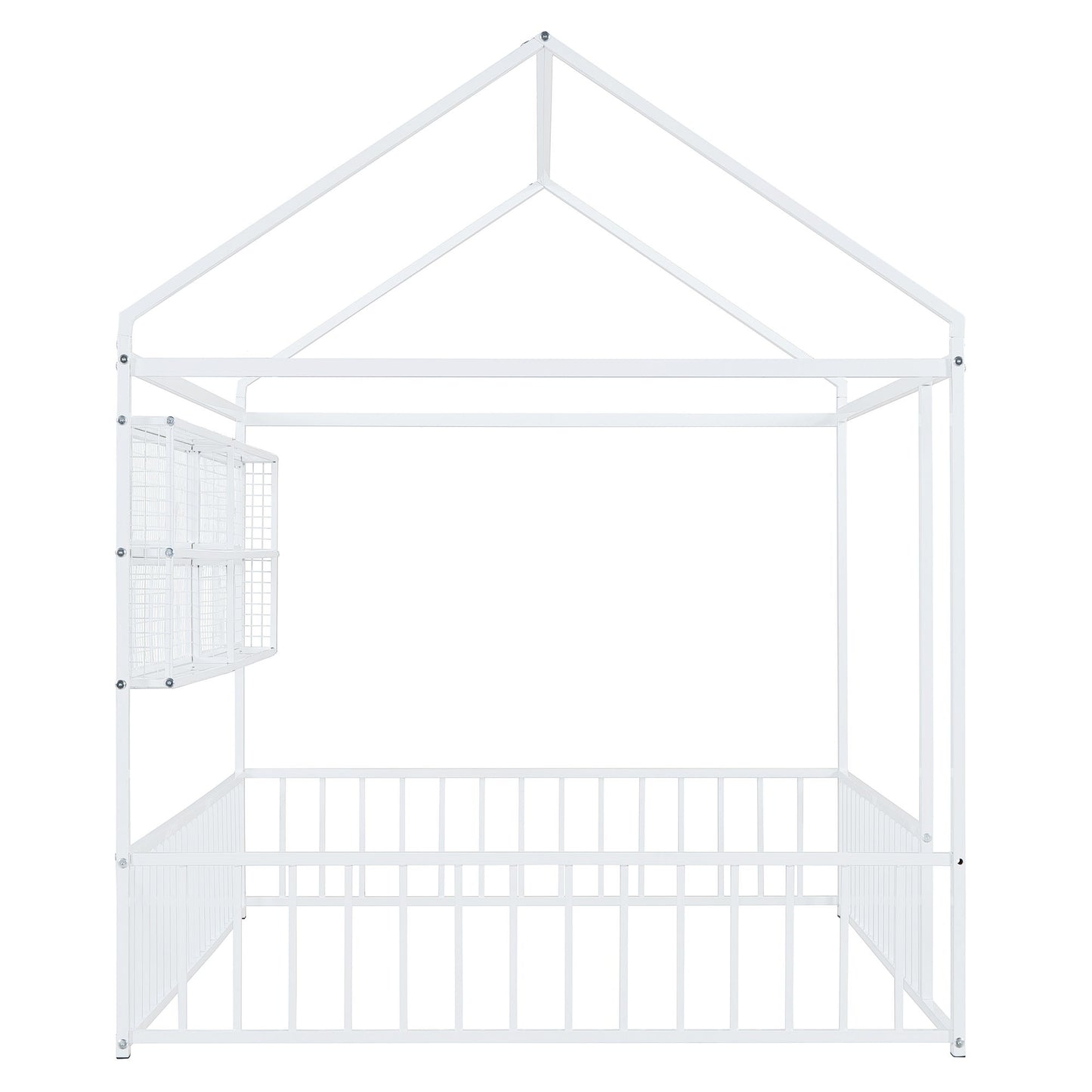 Full Size Bed House Frame With Fence And Shelves - White