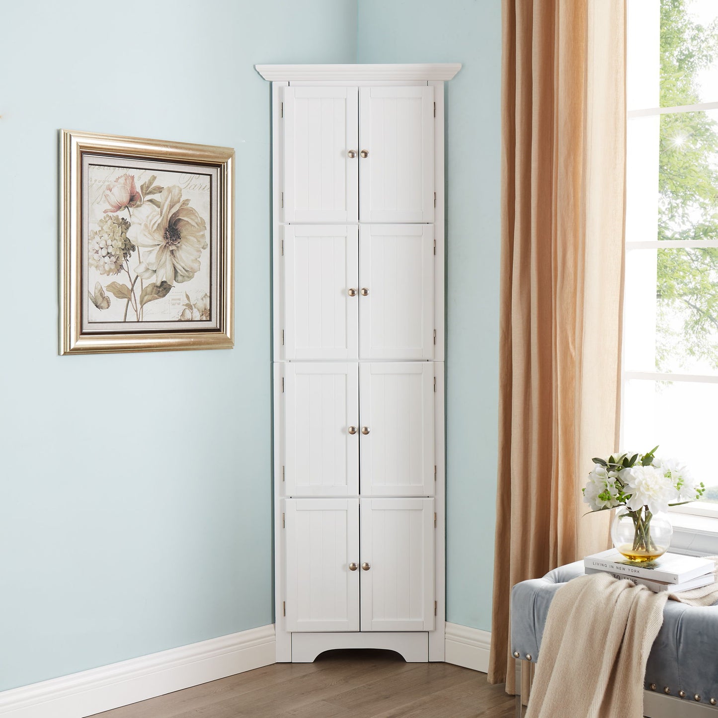 Tall Storage Cabinet With Doors And 4 Shelves For Living Room, Kitchen, Office, Bedroom, Bathroom, Modern - White