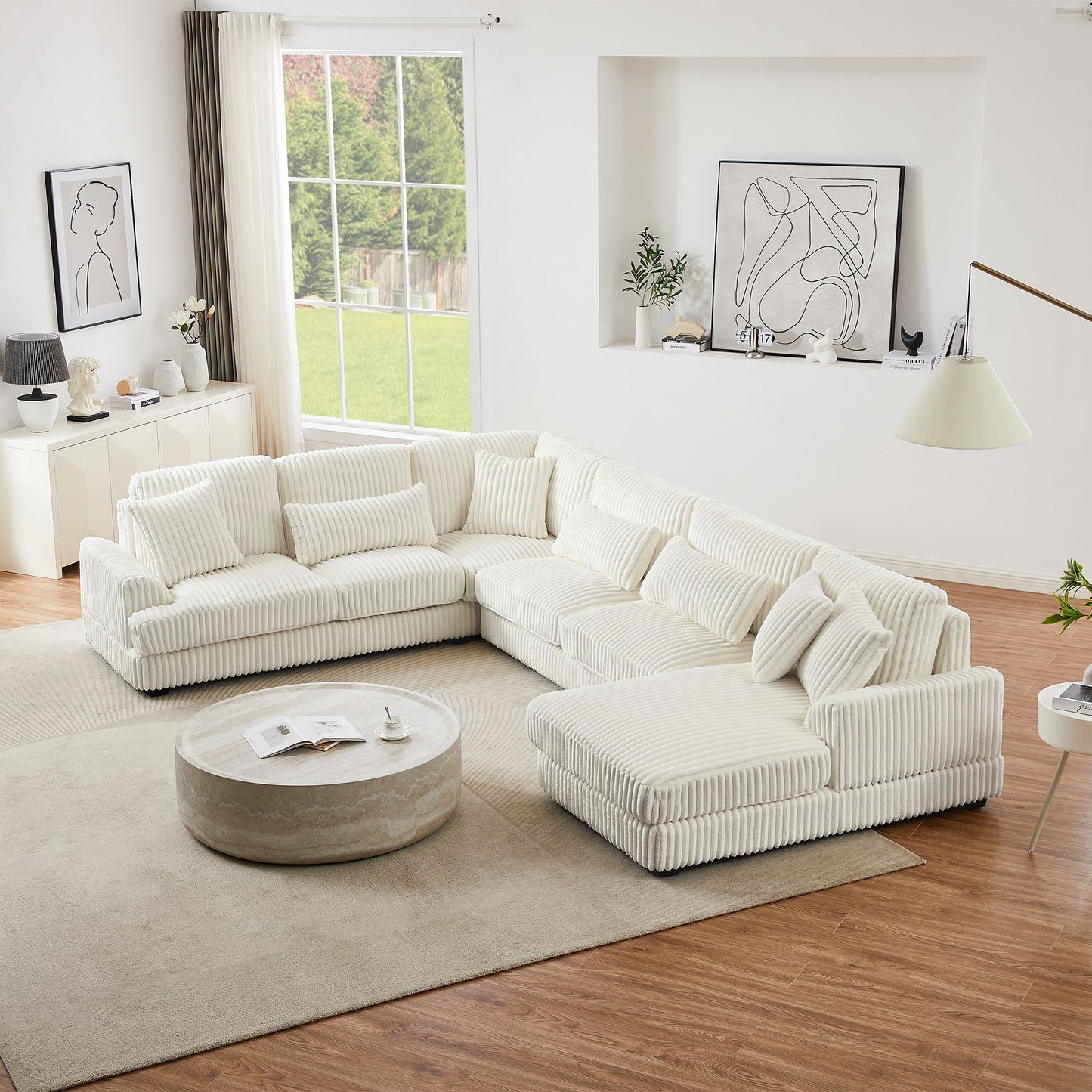 Oversized Sectional Sofa U - Shaped Sofa Couch Modern Sofa Upholstered In Soft Corduroy With A Chaise Lounge For Living Room - Beige