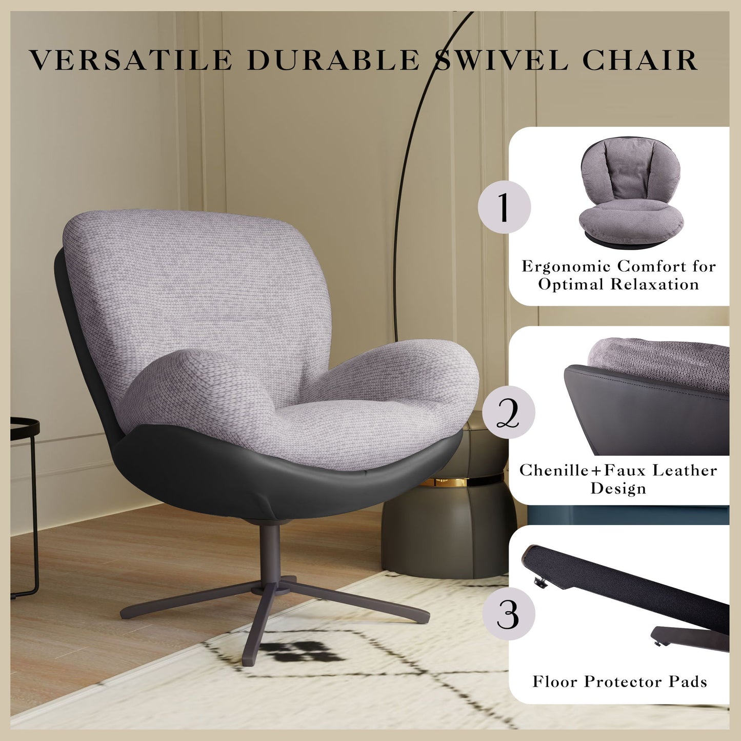 360ÔøΩÔøΩ Swivel Office Chair, Modern Chenille Chair With And Metal Base Frame, No Wheels, Accent Chair - Gray