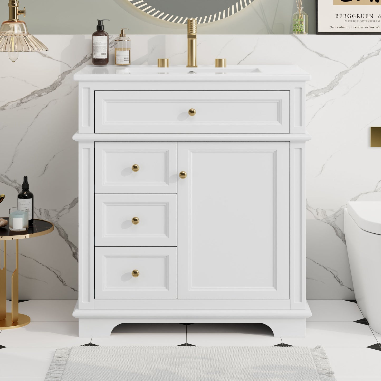 Freestanding 30" Bathroom Vanity With Sink, Soft Closing Door, Tip Out Drawer - White