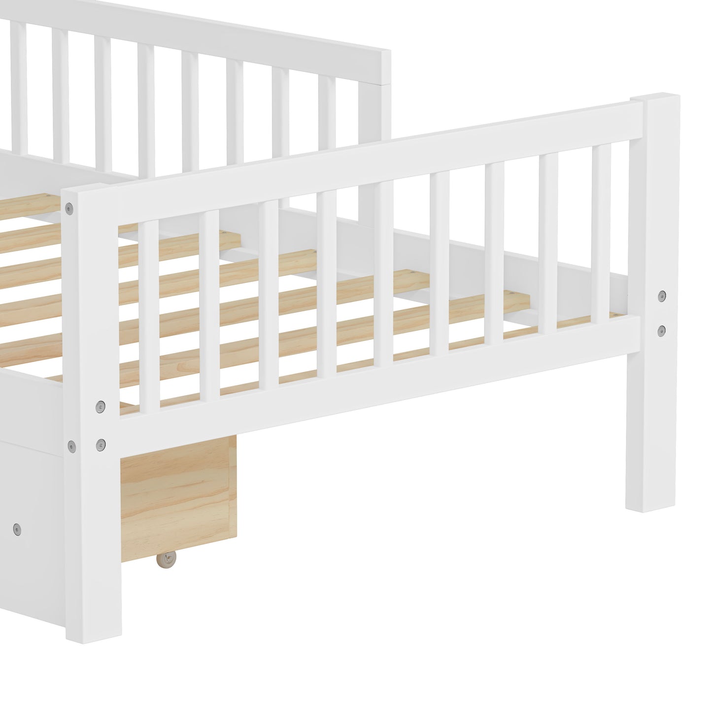 Twin Size Bed With Headboard Storage Rack, 2 Under Bed Drawers, 3 - Side Guardrails For Safety And Security - White