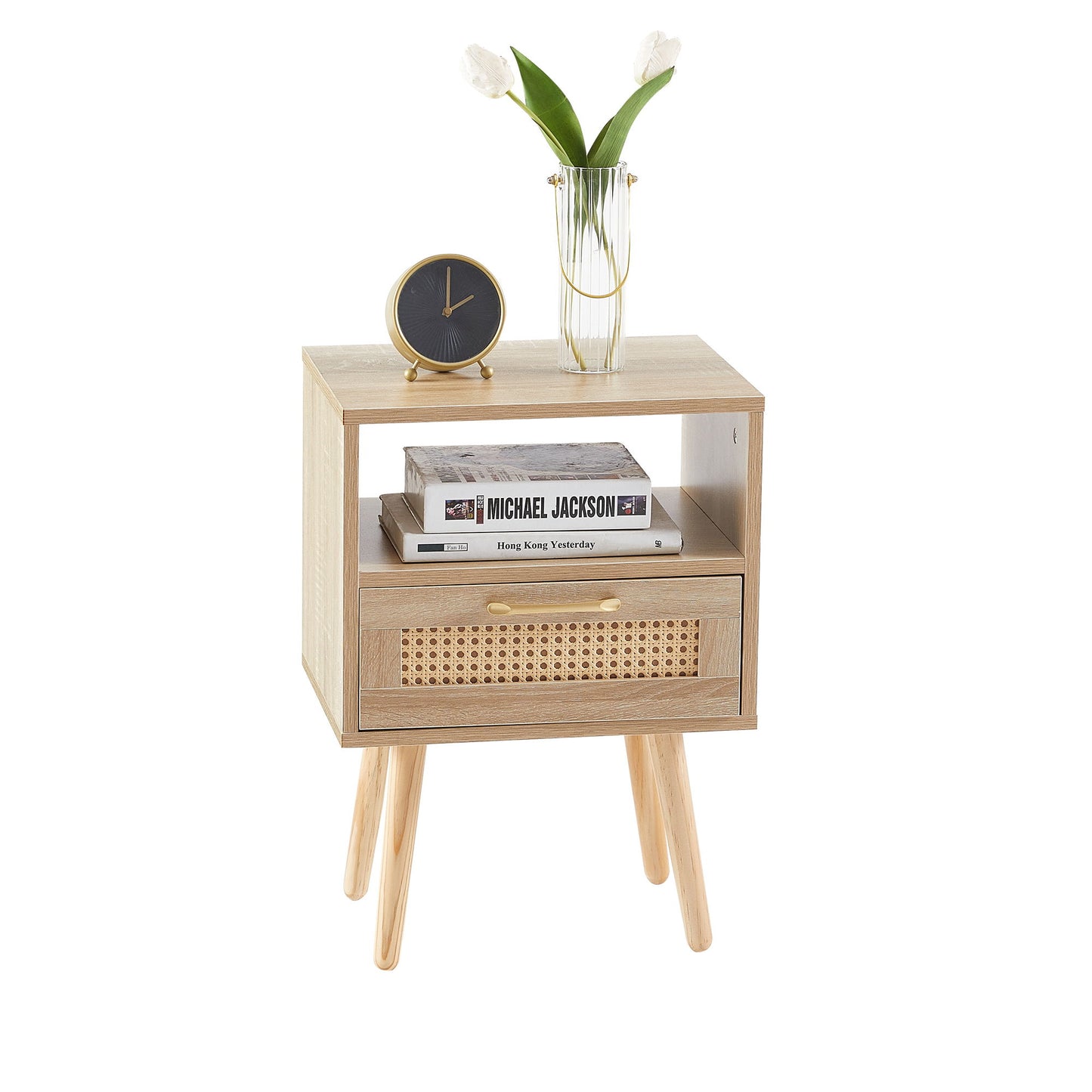 15.75" Rattan End Table With Drawer And Solid Wood Legs, Modern Nightstand, Side Table For Living Room, Bedroom - Natural