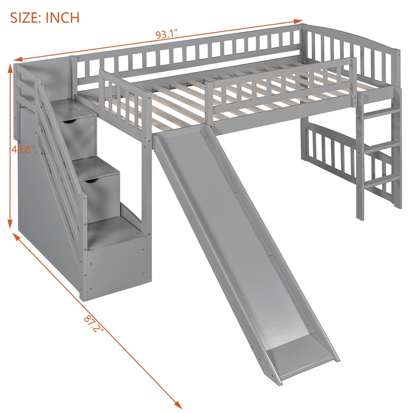Twin Size Loft Stairway Bed With 2 Drawers And Slide - Gray