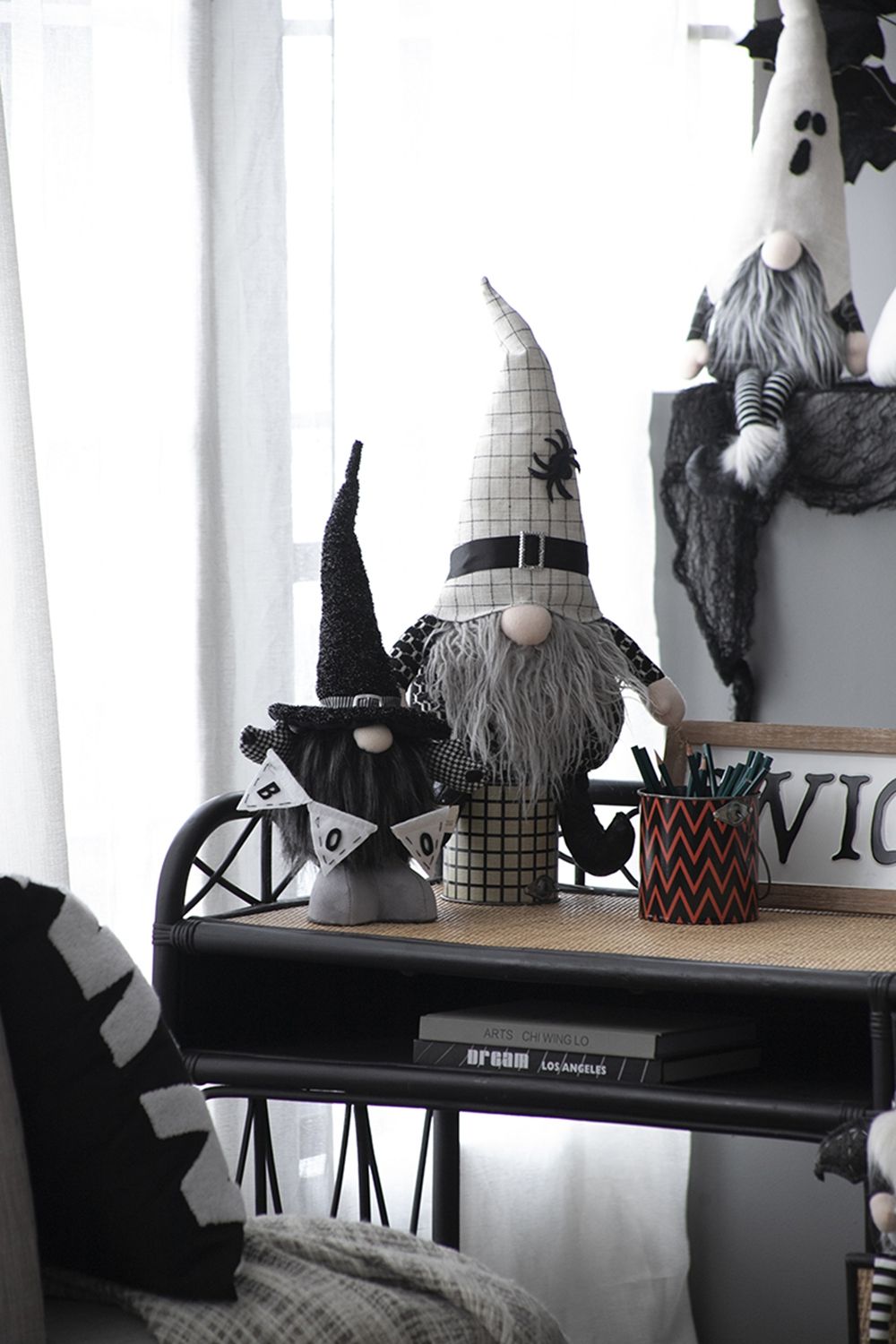 Sitting Gnome With Hat Spider, For Halloween Decor - Black White