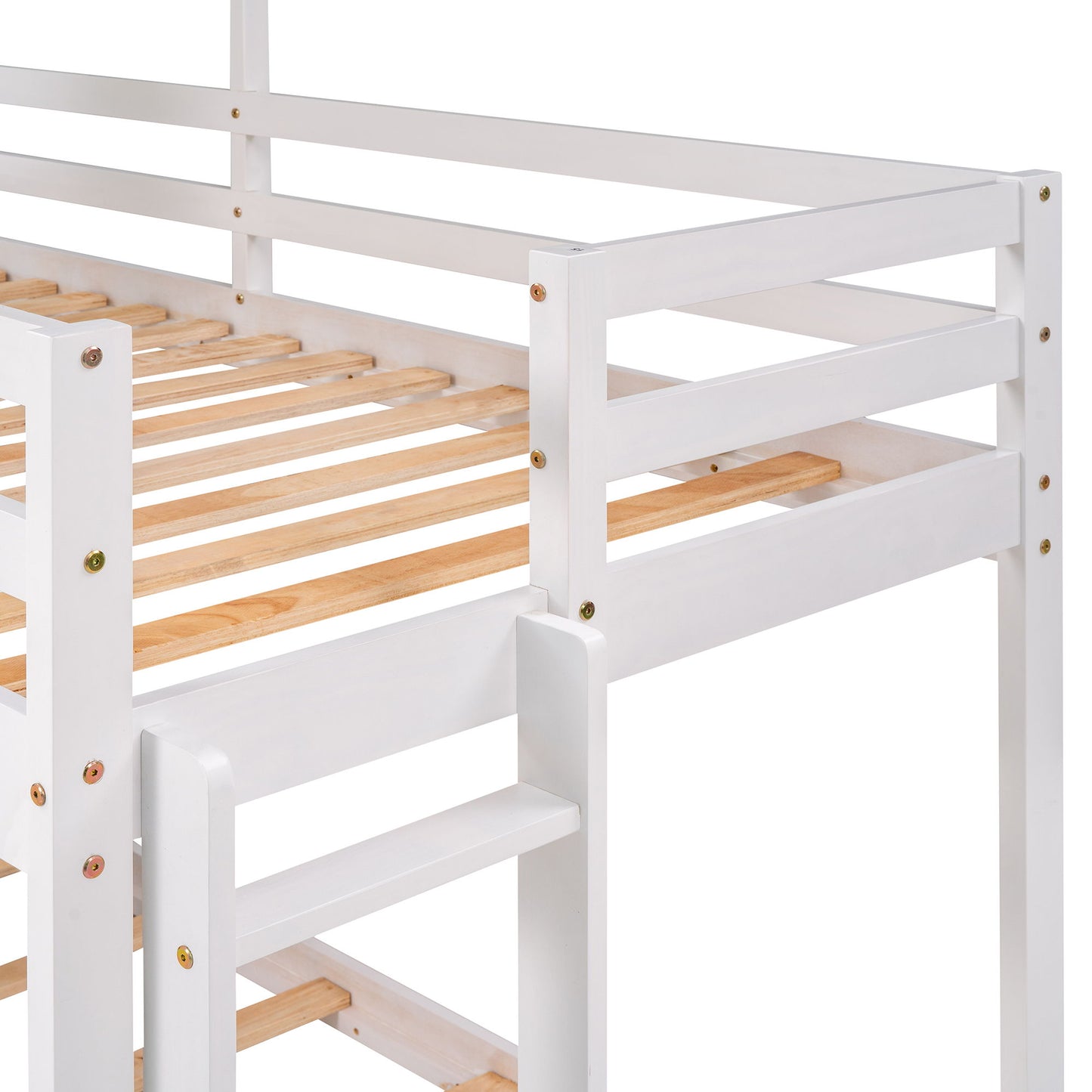 Twin Over Twin Bunk Bed & Roof, Window, Guardrail, Ladder - White