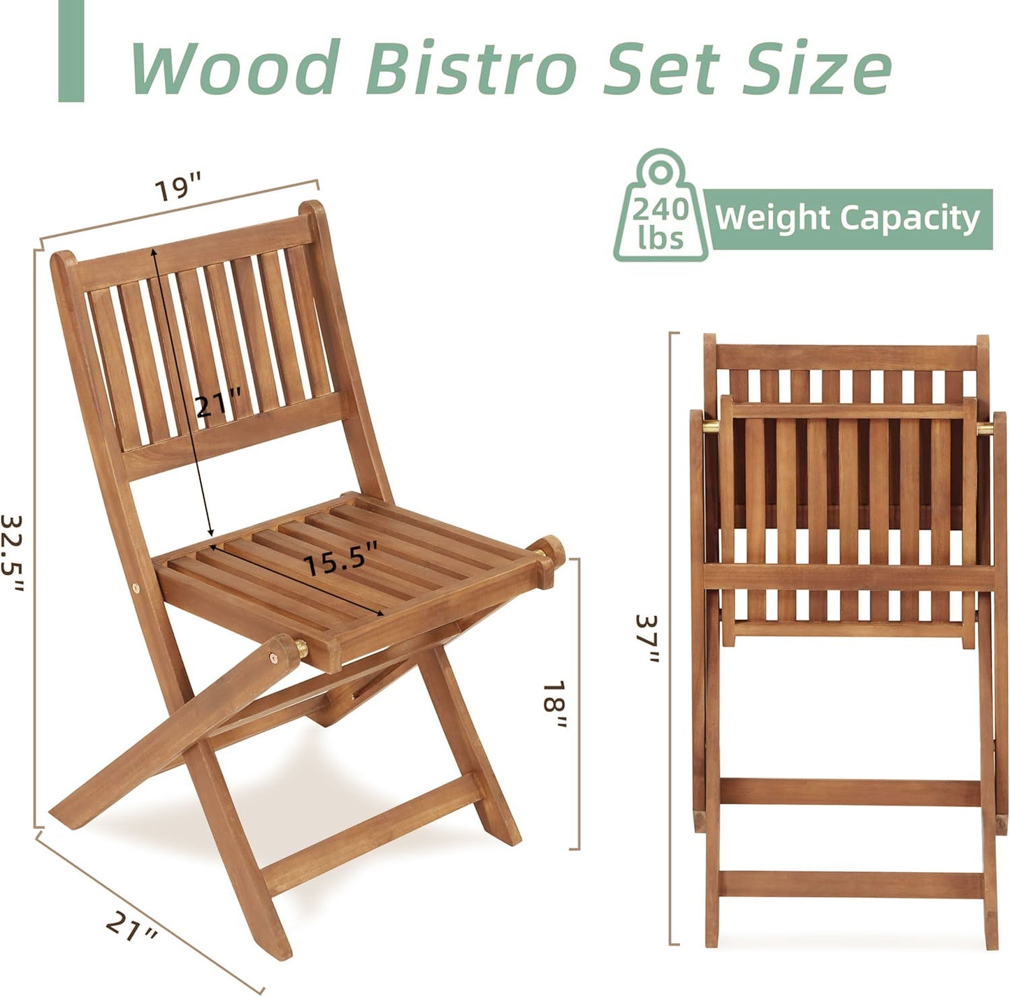 3 Piece Acacia Bistro Set, Folding Patio Furniture For Garden Backyard Balcony Porch With 1 Coffee Table And 2 Foldable Chairs - Light Brown