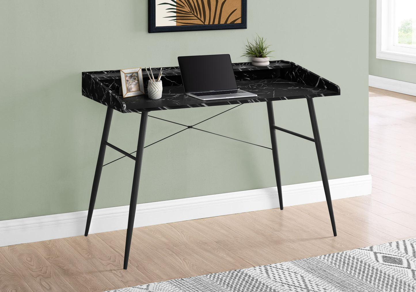 Computer Desk For Home Office, Laptop, Storage Shelves, Marble Look Contemporary And Modern - Black