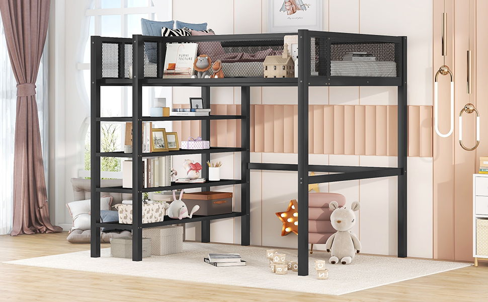 Twin Size Loft Bed With 4 Tier Shelves And Storage - Black
