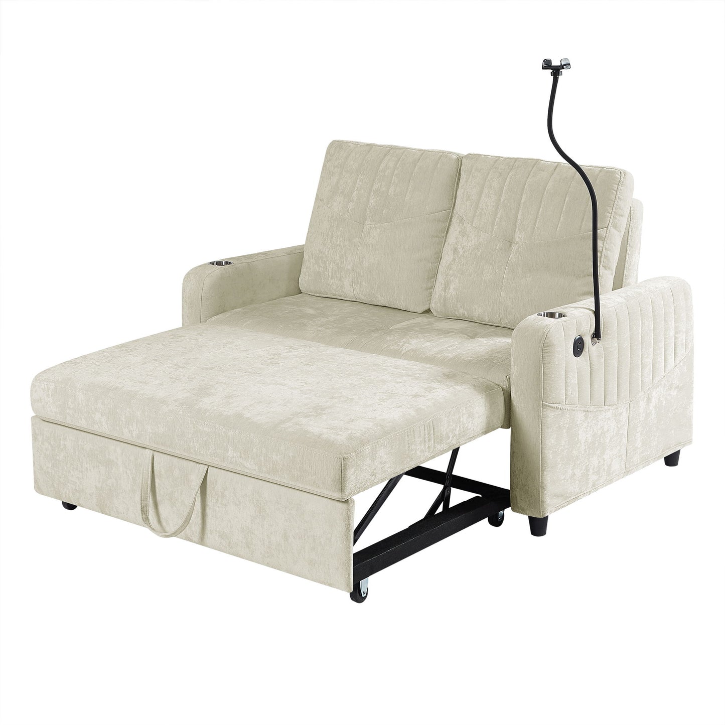 Modern Loveseat Pull Out Sofa Bed With Adjustable Backrest, Two Cup Holders, A Phone Holder, Three Charging Ports And Side Storage Pockets For Living Room - Beige