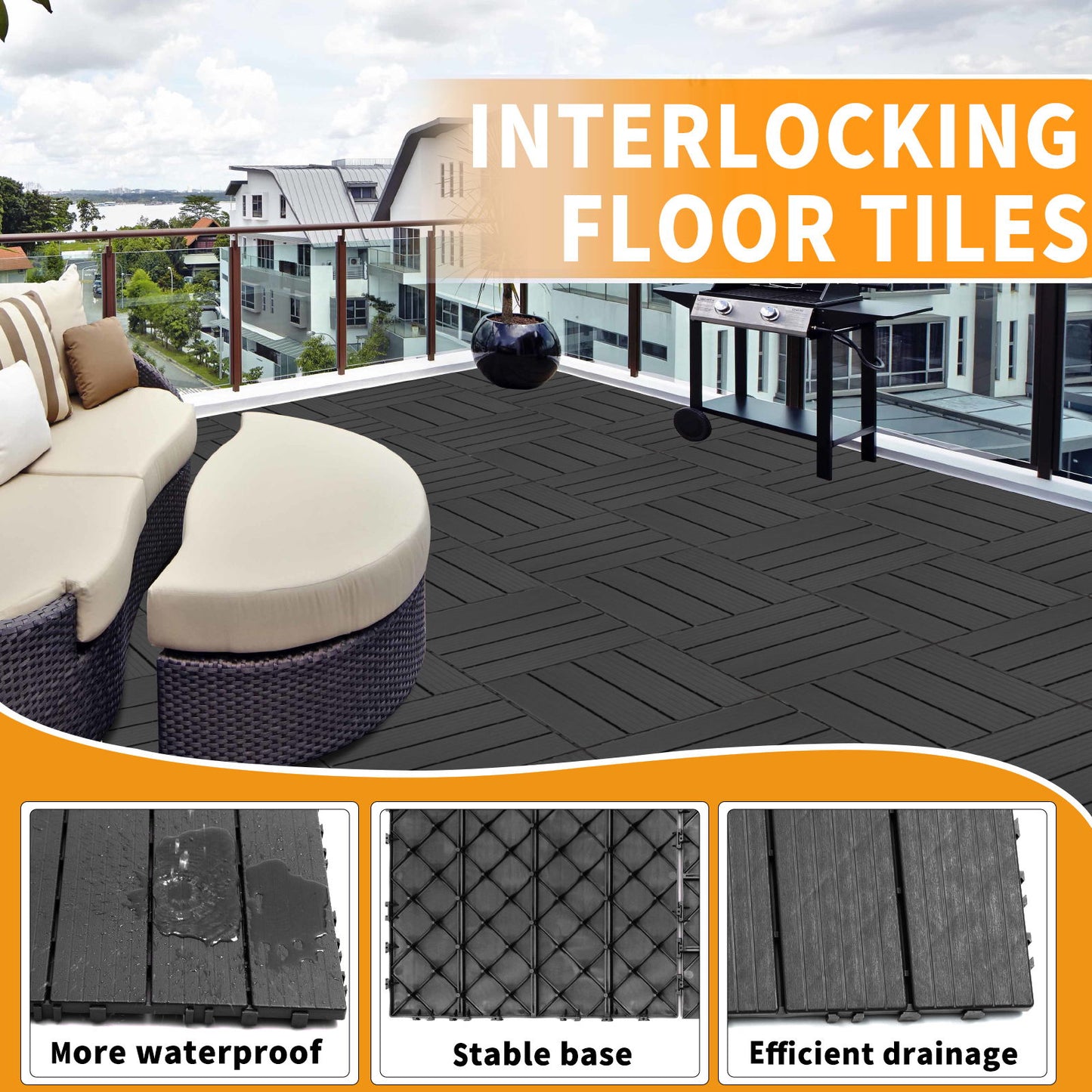 Plastic Interlocking Deck Tiles, (Set of 44), Patio Flooring Outdoor Waterproof All Weather Use For Garden Poolside Front / Back Yard - Light Gray