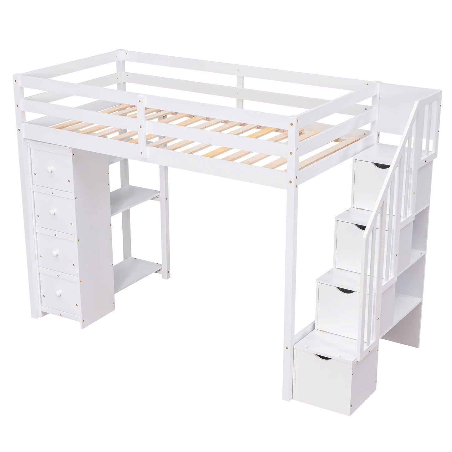 Twin Size Loft Bed With Storage Drawers And Stairs With Shelves - White