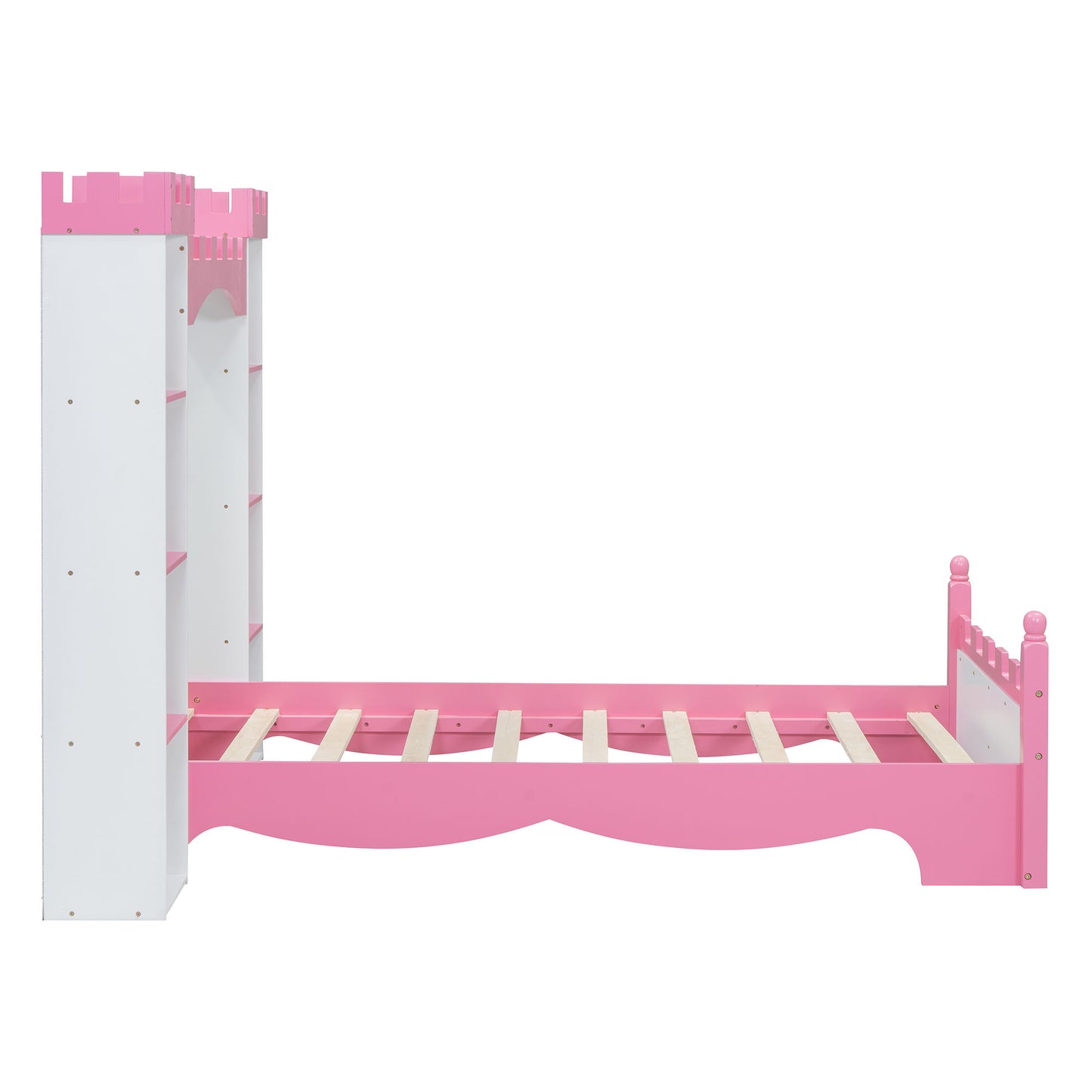 Castle Shaped Bed With Storage Shelf, Dreamy Twin Size Platform Bed For Kids Bedroom - White / Pink