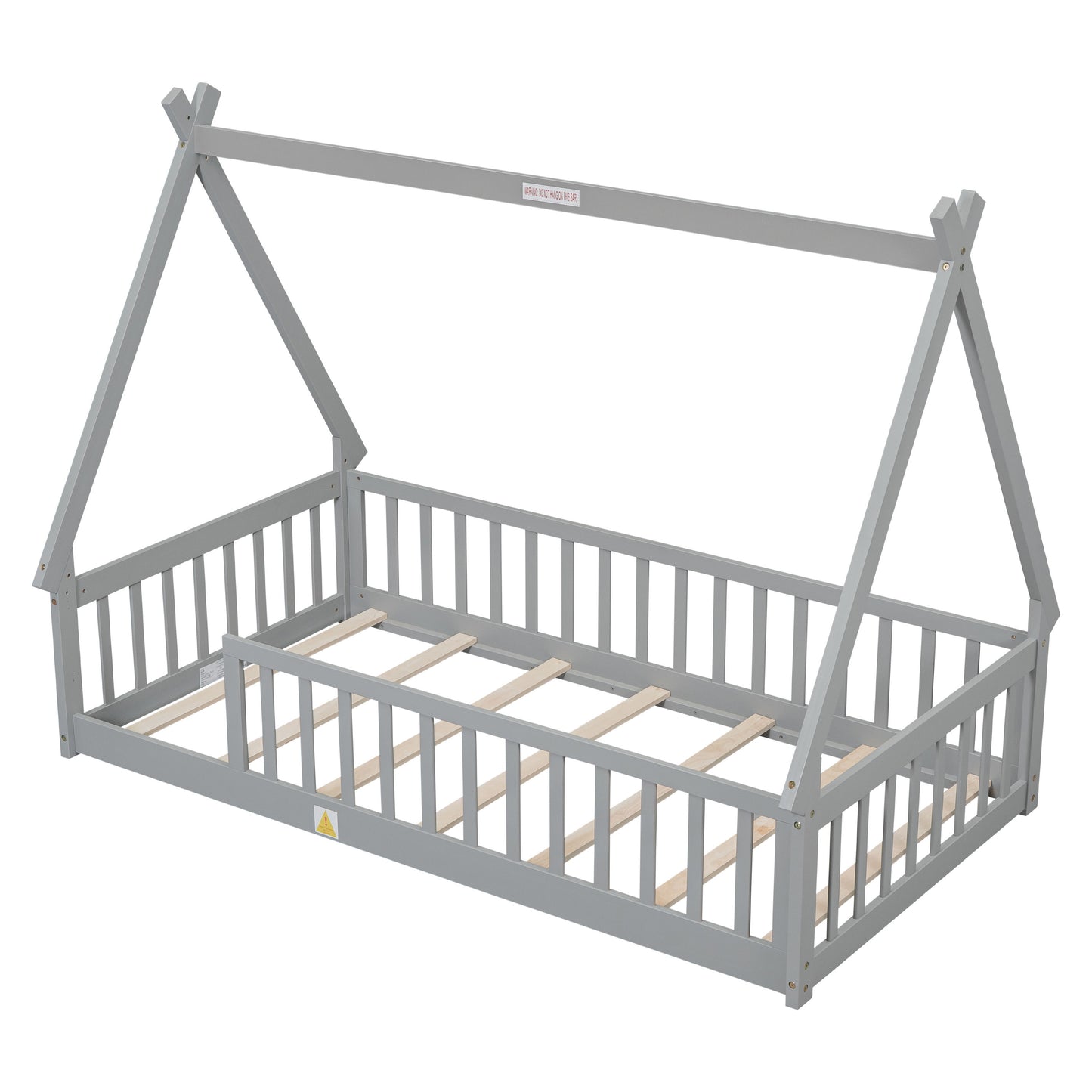 Twin Tent-Shaped Floor Bed, Teepee Bed With Guardrails, Slats - Gray