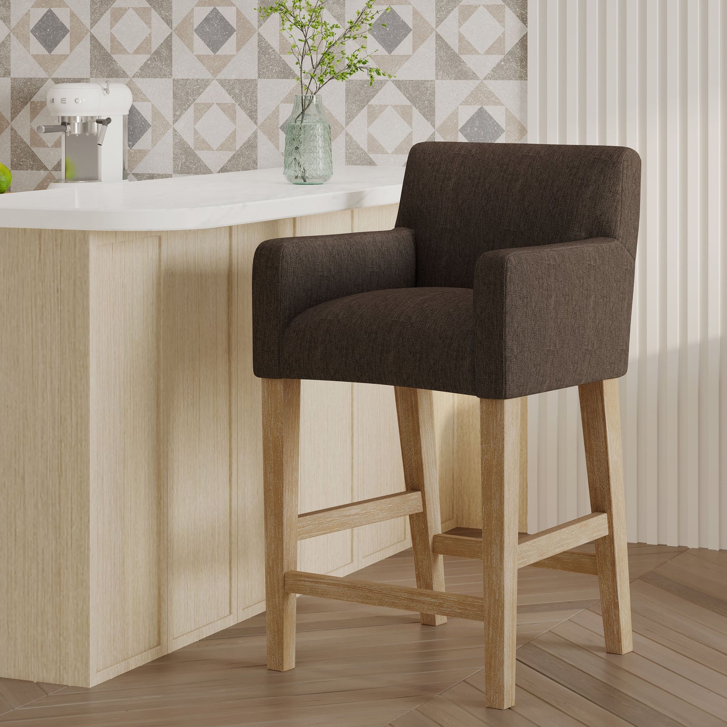 Charmed Upholstered Counter Stool With H Frame Base And Round Arms - Brown