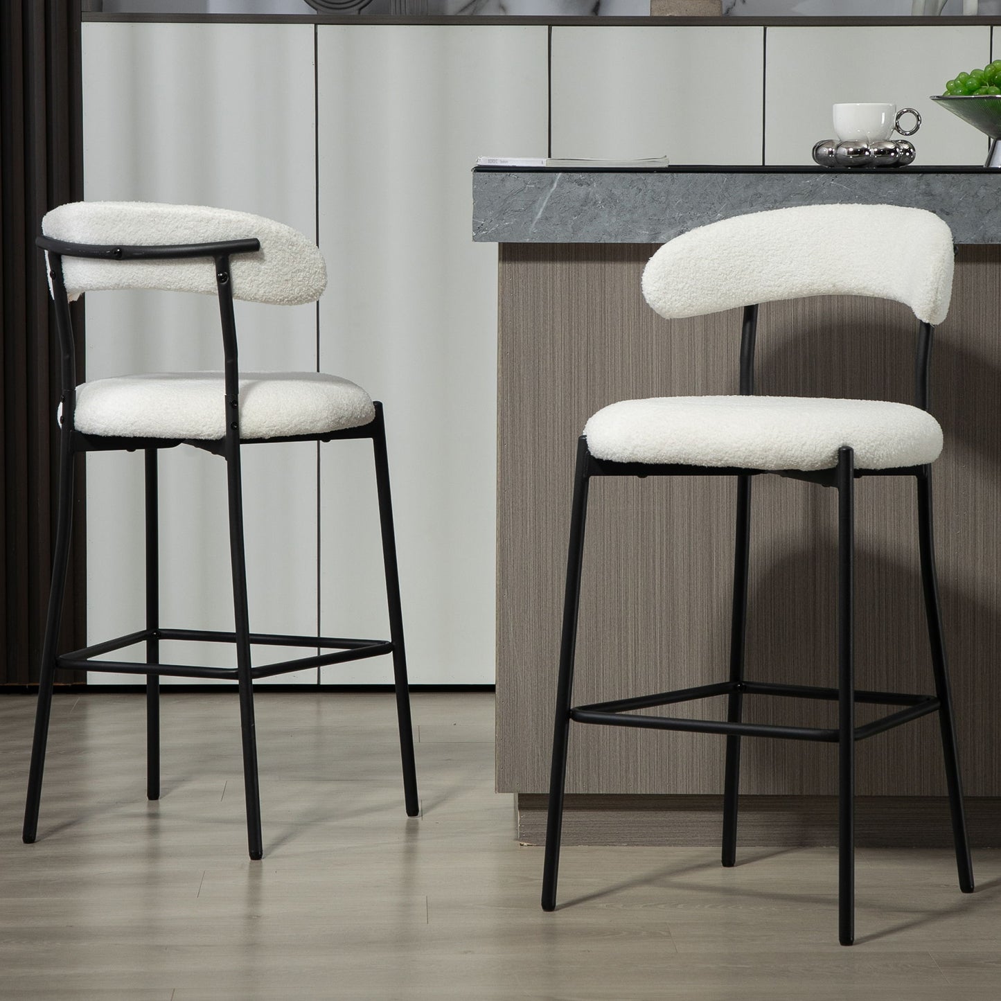 Counter Height Bar Stools Teddy Fabric Cover Kitchen Island Counter Bar Stool With Black Powder Coating Base And Footrest - Snow