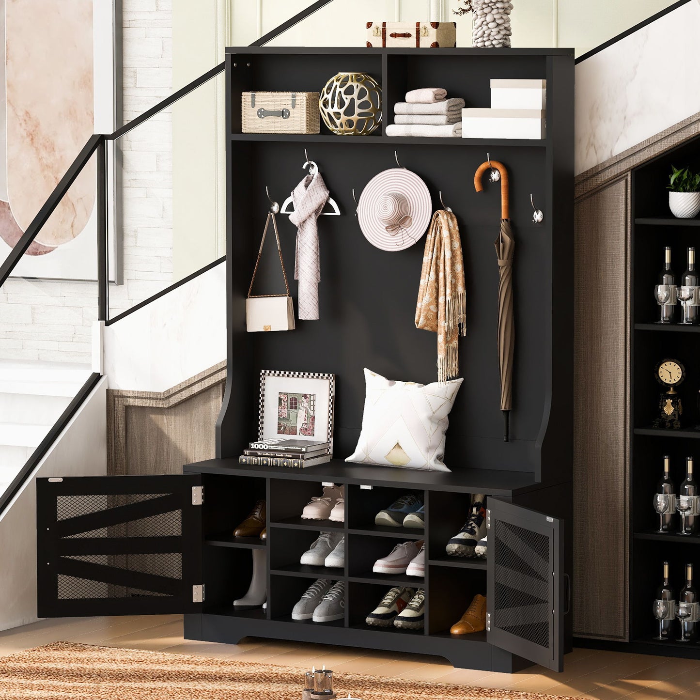 Entryway Bench With Coat Rack, 3 In 1 Design And Adjustable Shelves, Hall Tree With 7 Hooks For Entrance, Living Room - Black