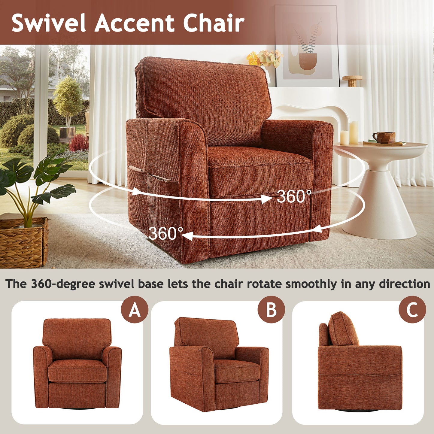 360 Degree Swivel Chair Accent Barrel Armchair With Side Pockets - Red