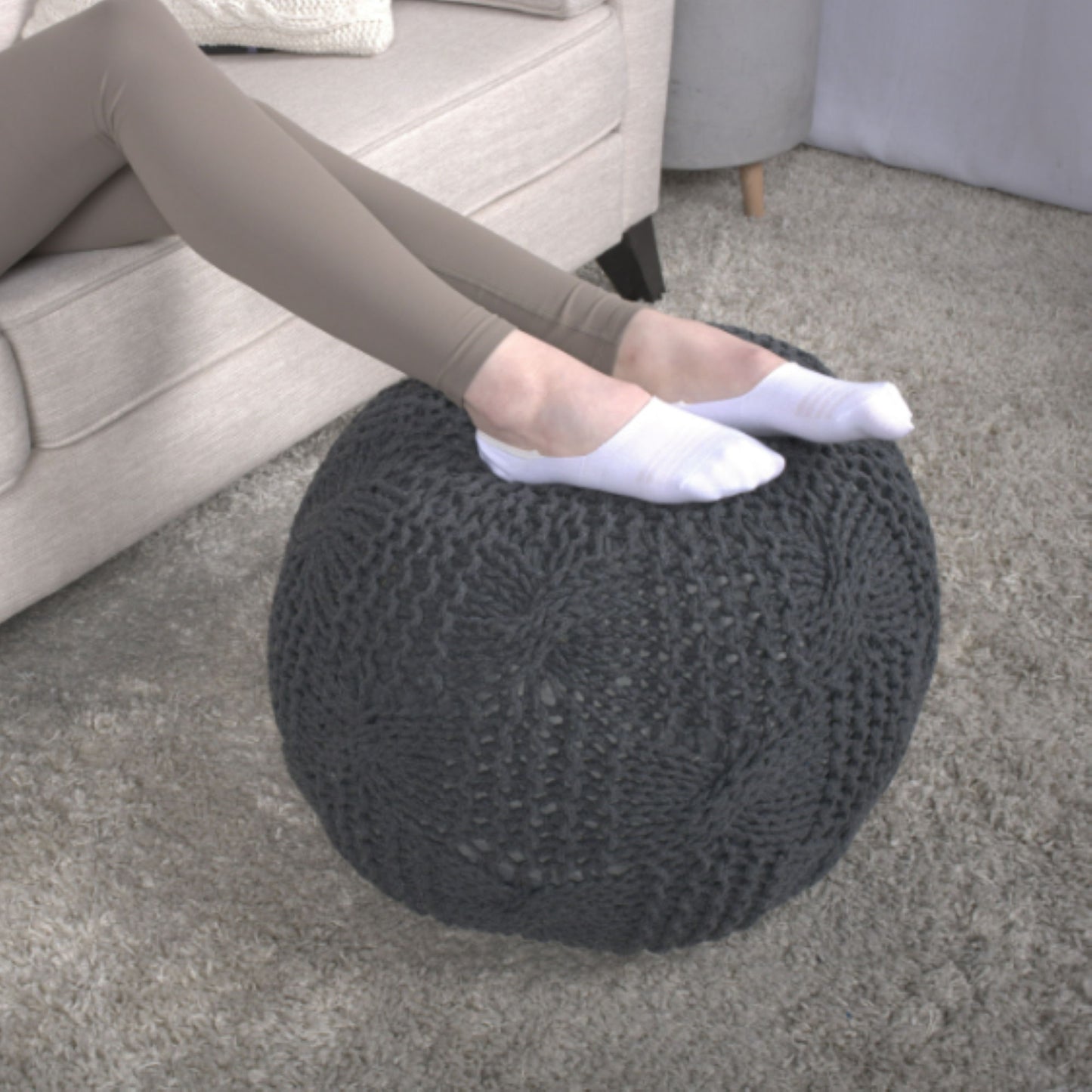 Bordeaux - Knitted Cotton Round Pouf, Multi Purpose Home Accessory - Dark Gray
