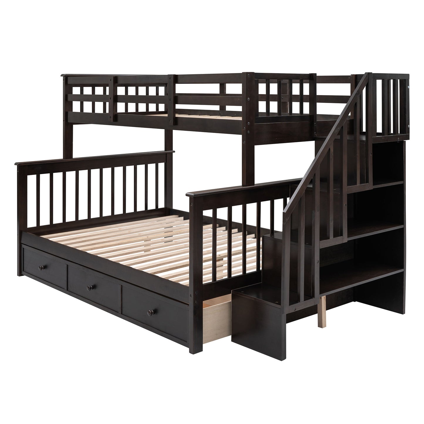 Twin Over Full Stairway Bunk Bed With Drawer, Storage And Guard Rail For Bedroom - Espresso