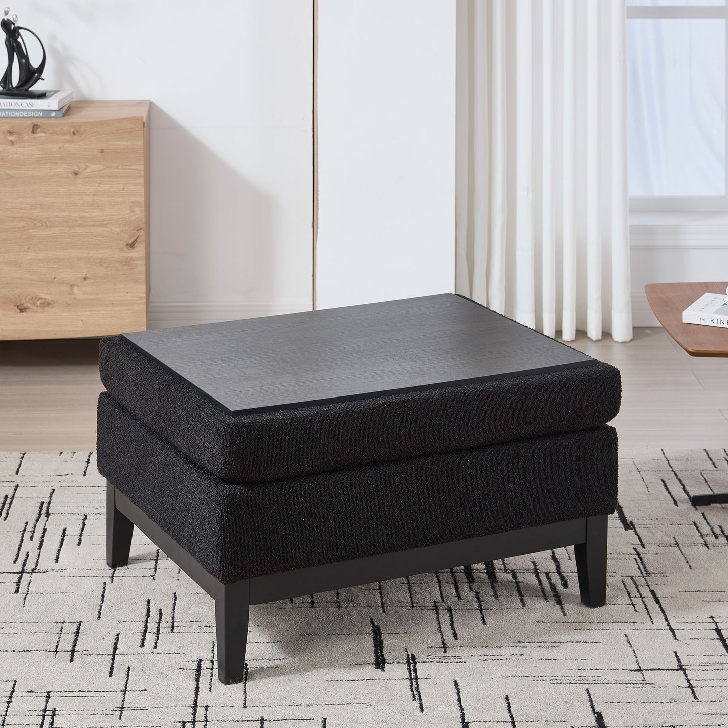 Upholstered Wood Base Storage Ottoman With Reversible Lid Coffee Table, Foot Stool Square Footrest With Rubberwood Legs For Living Room Bedroom Entryway And Office - Black