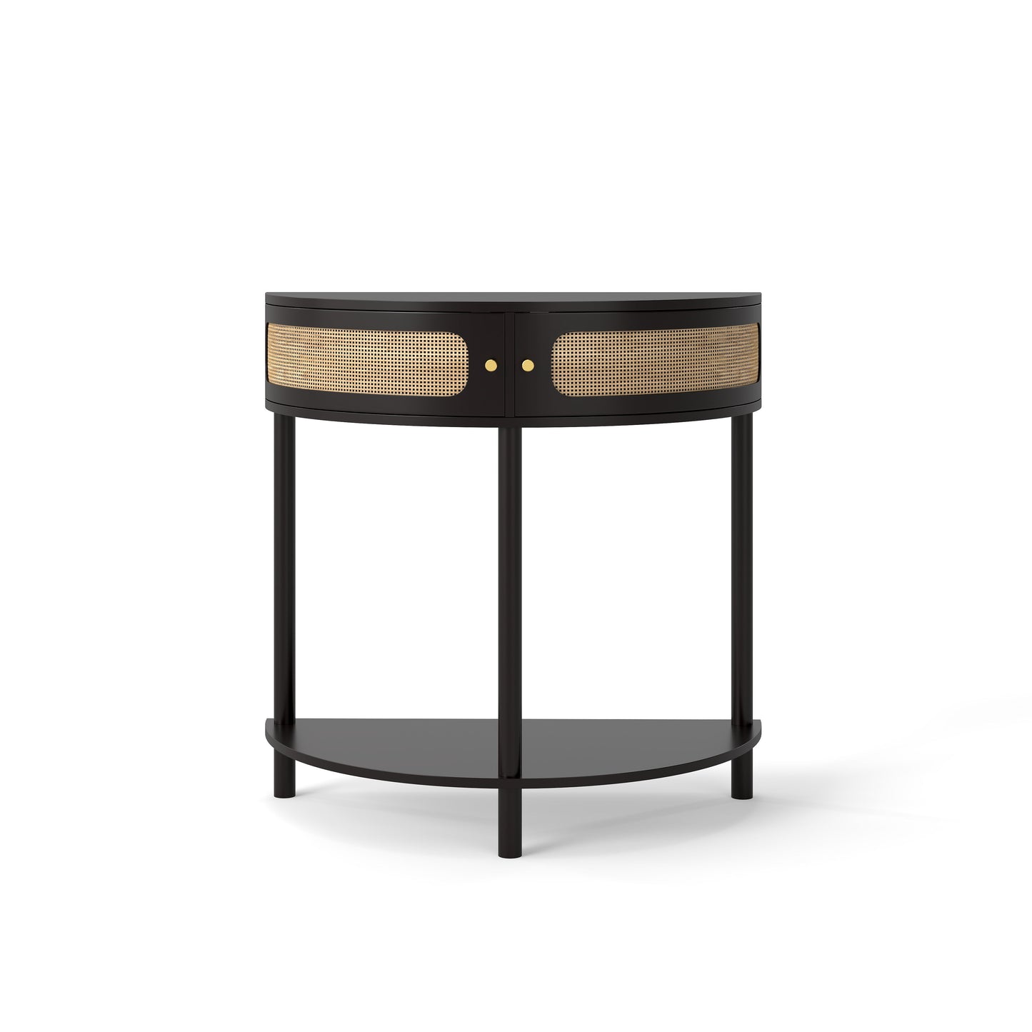Boho Rattan Semi Circle End Table With Sliding Door, Elegant Wood Accent Table With Storage And Bottom Shelf - Black
