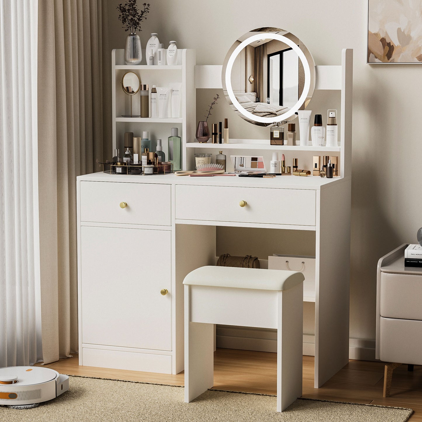 Fashion Vanity Desk With Mirror And Lights For Makeup And Cushioned Chair - White