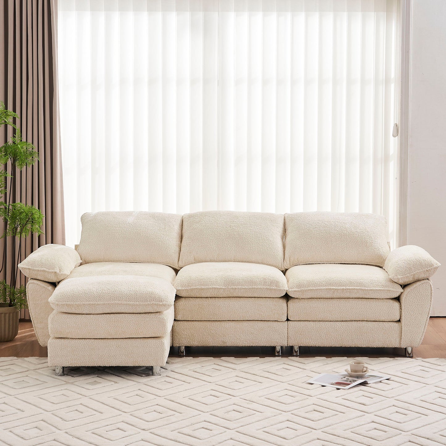 Modern Deep 3 Seat Sofa Couch With Ottoman, Polyester Sofa Sleeper Comfy Upholstered Furniture For Living Room - Beige
