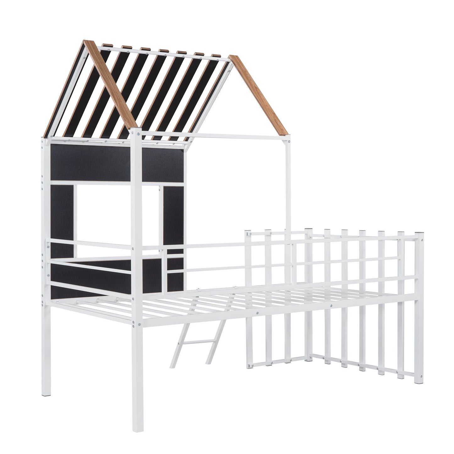 Twin Size Loft Bed With Roof, Window, Guardrail, Ladder - White