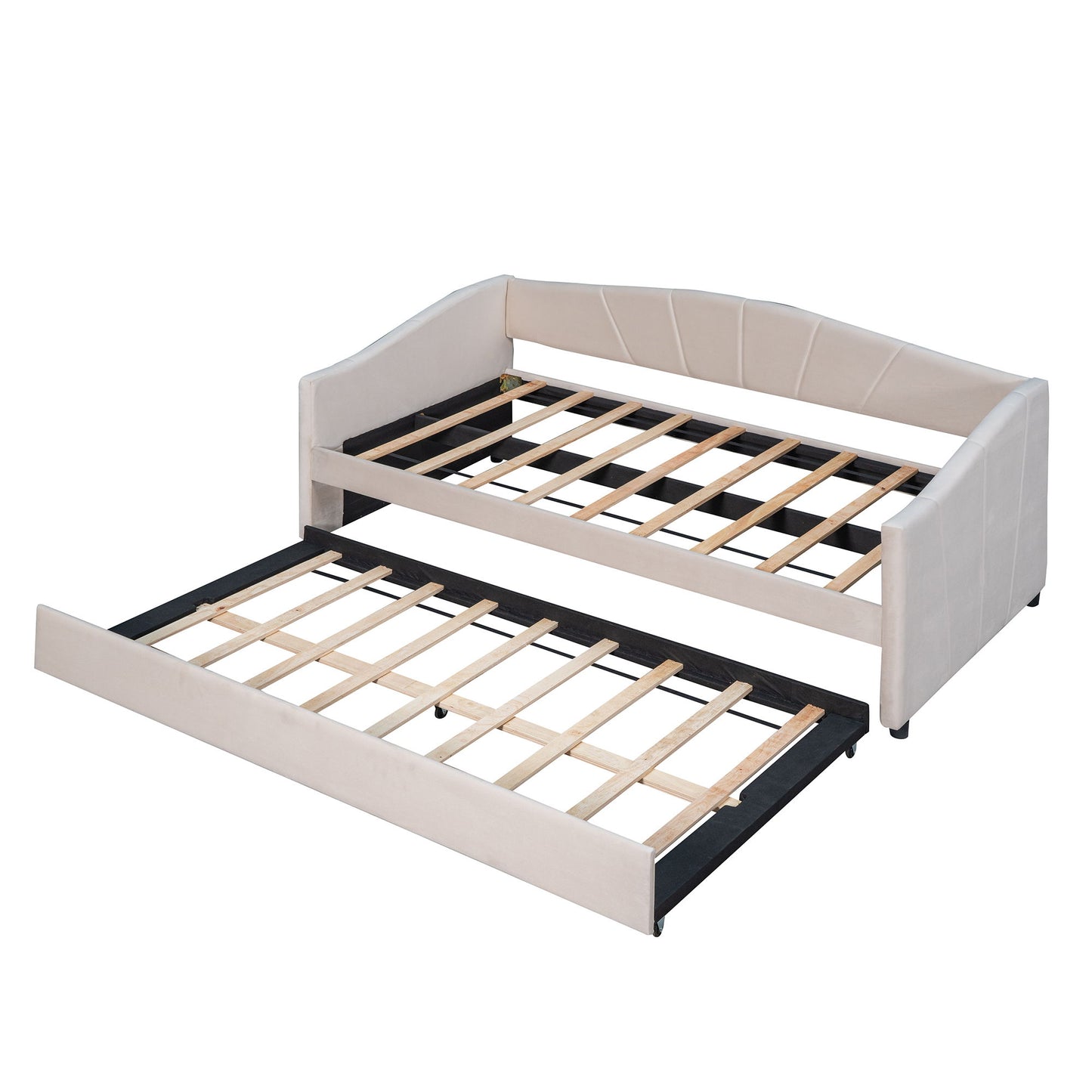 Twin Size Upholstered Daybed Sofa Bed With Trundle And Slat - Beige