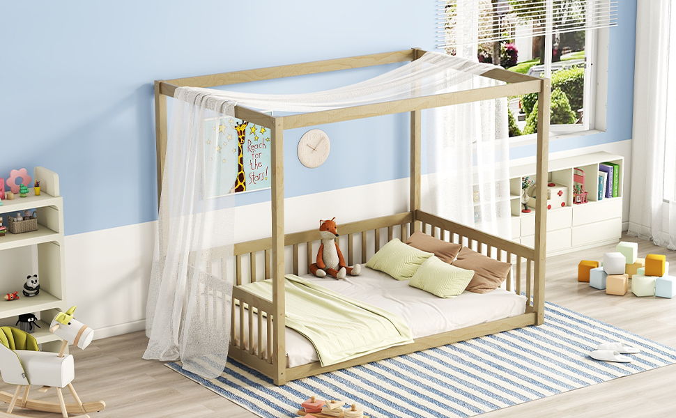 Full Size Canopy Frame Floor Bed With Fence, Guardrails - Natural