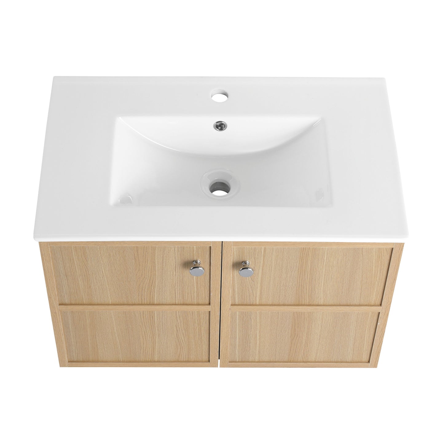 Modern Wall Mounted 30" Bathroom Vanity With Ceramic Sink And Soft Closing Doors - Oak