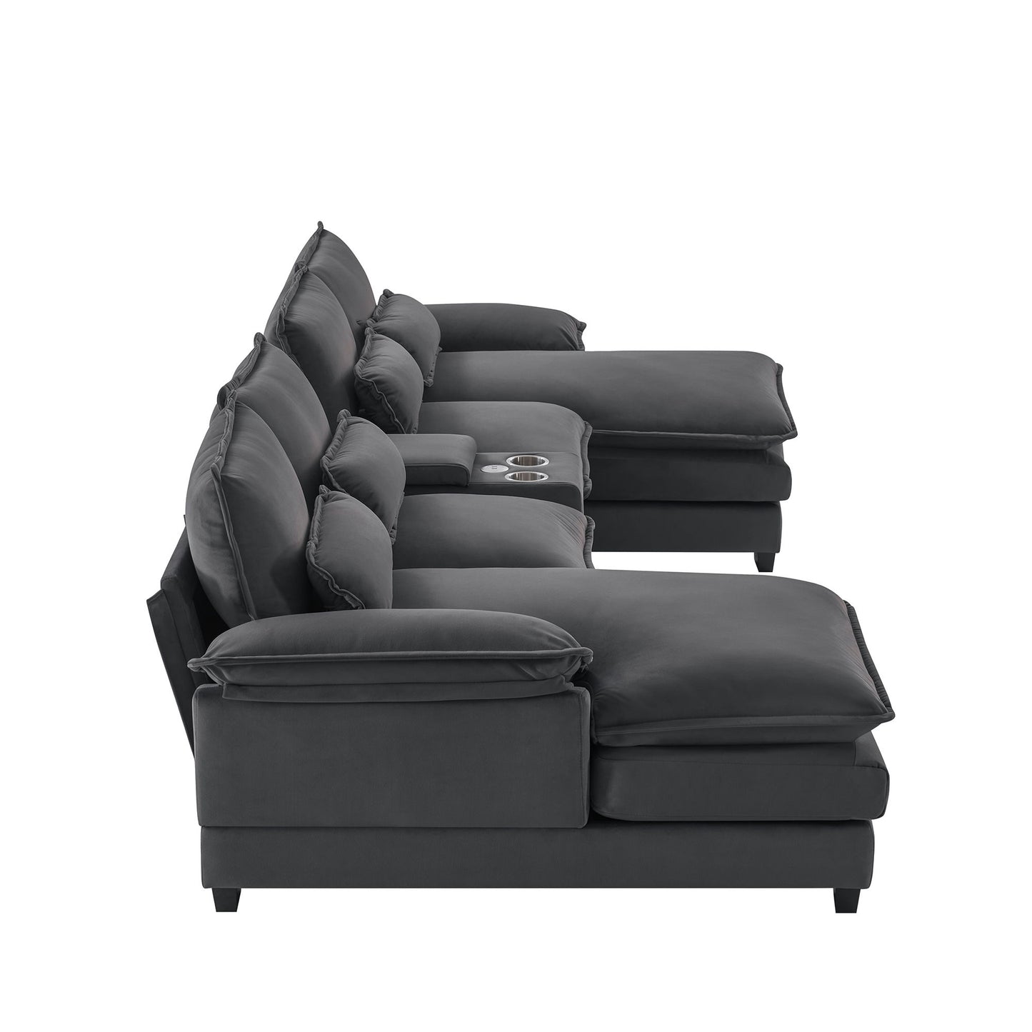 Modern U Shaped Sofa With Console, Cupholders And USB Ports, 6 Seat Upholstered Symmetrical Indoor Furniture, Sleeper Couch Set With Chaise - Gray
