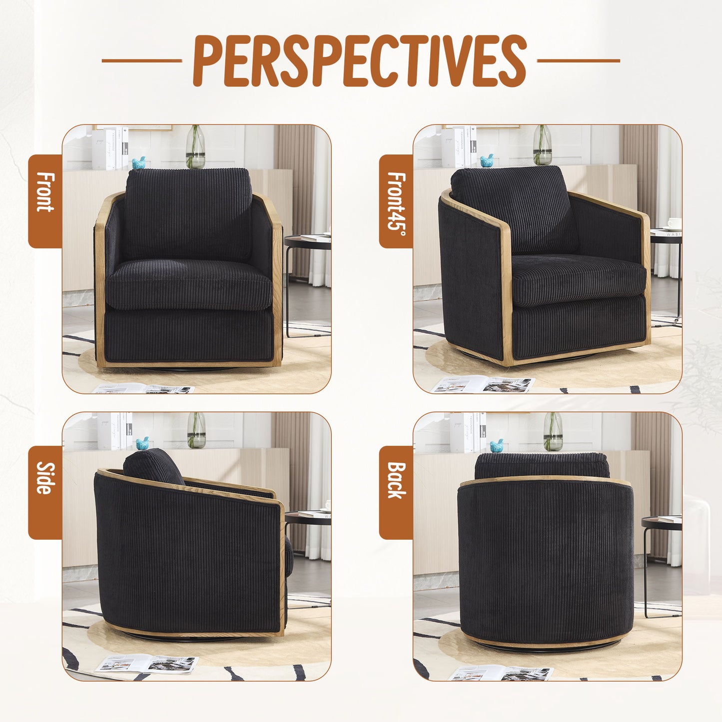 Swivel Barrel Chair, Comfortable Accent Sofa Chair, 360 Degree Swivel - Black