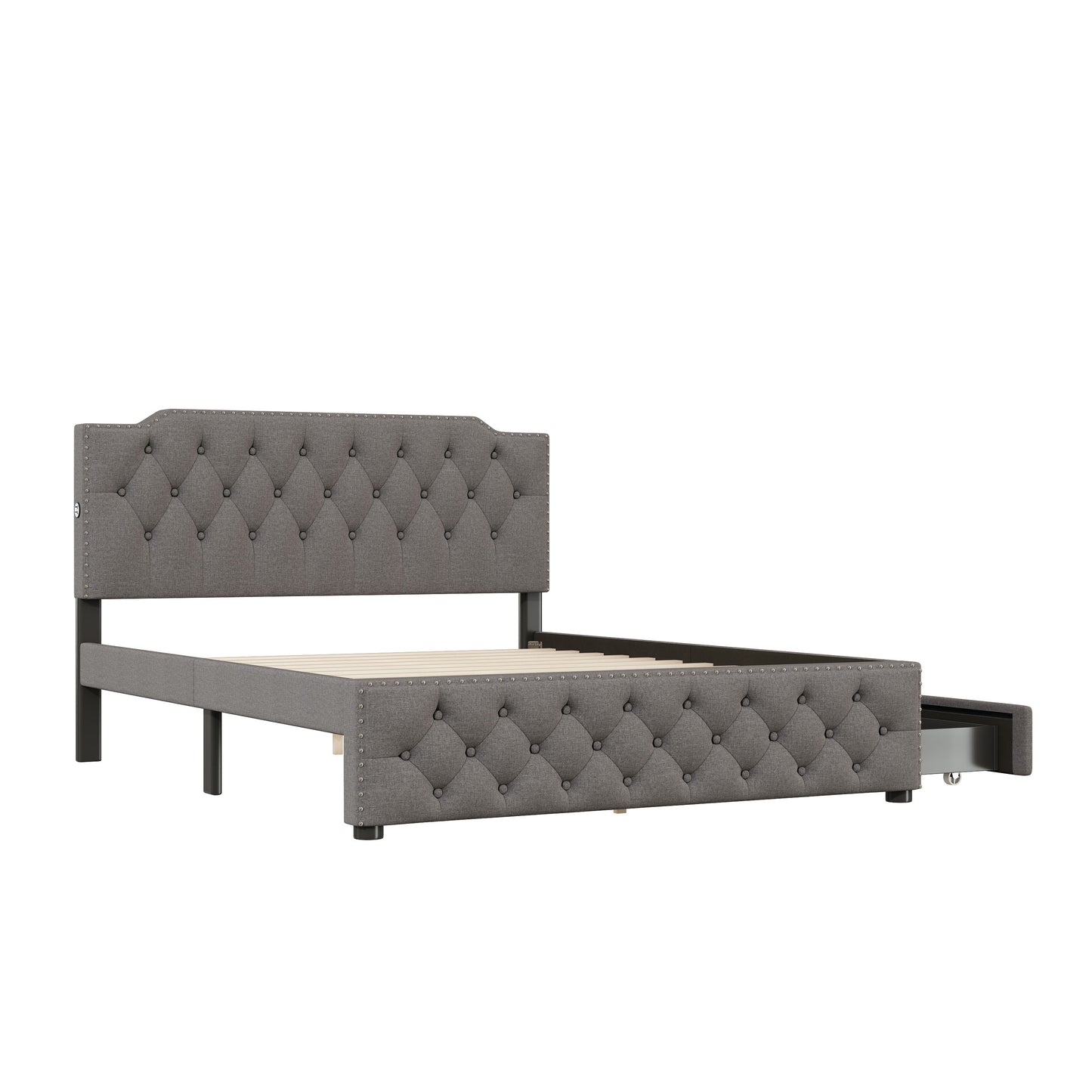 Queen Size Upholstered Platform Bed With 2 Drawers And 2 Sets Of USB Ports On Each Side - Gray