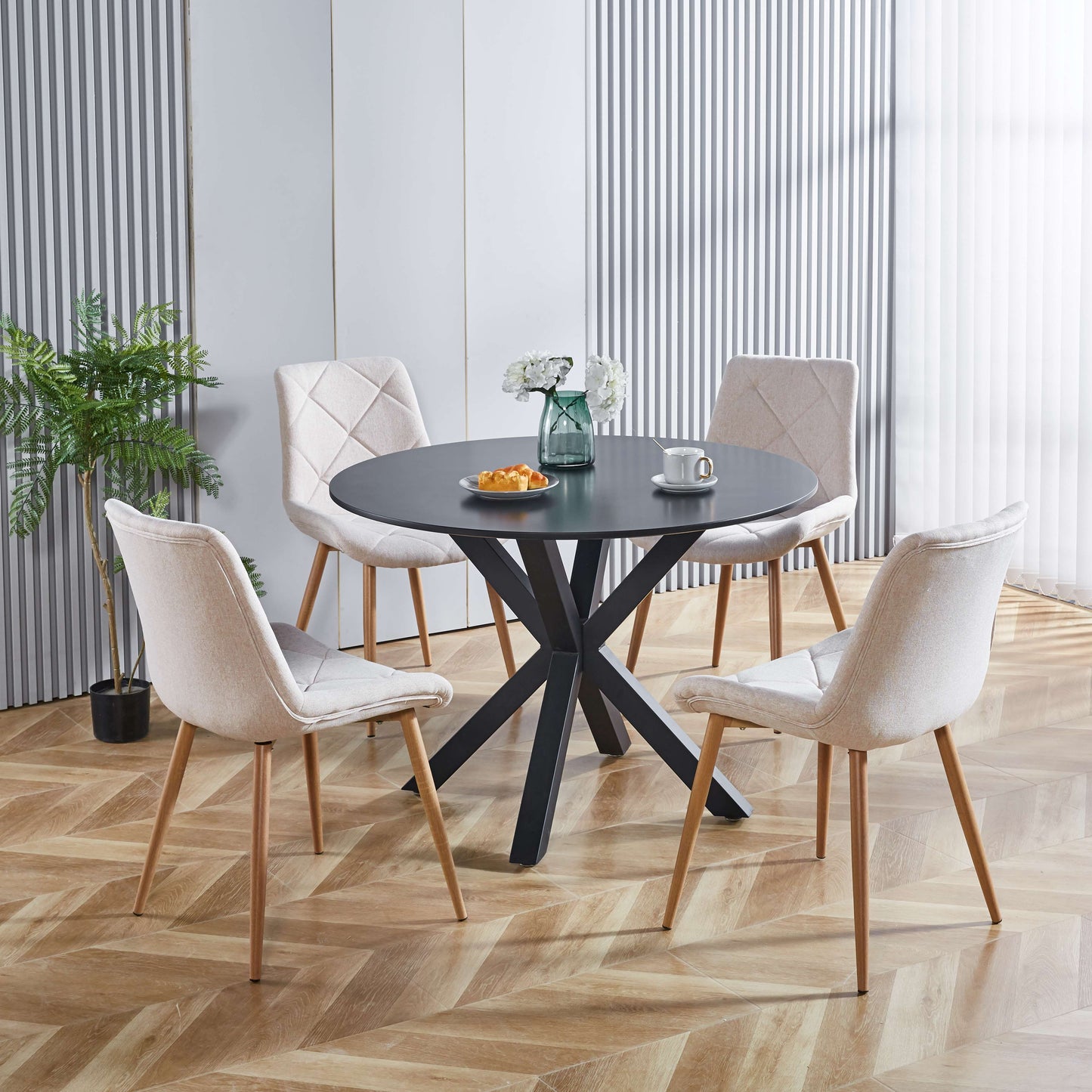 Table Mid-Century Dining Table For 4 - 6 People With Round MDF Table Top, Pedestal Dining Table, End Table Leisure Coffee Table, Cross Leg - Black