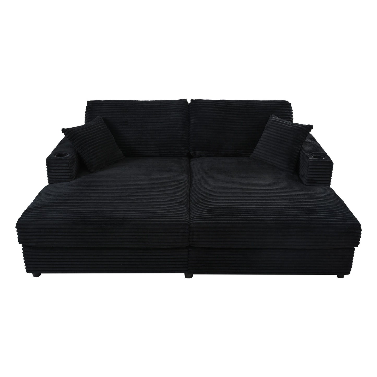 Oversized Loveseat Chaise Lounge Sectional Sofa Bed Corduroy Sleeper Sofa With 2 USB Ports, 2 Cup Holders And 2 Throw Pillows For Living Room And Bedroom - Black