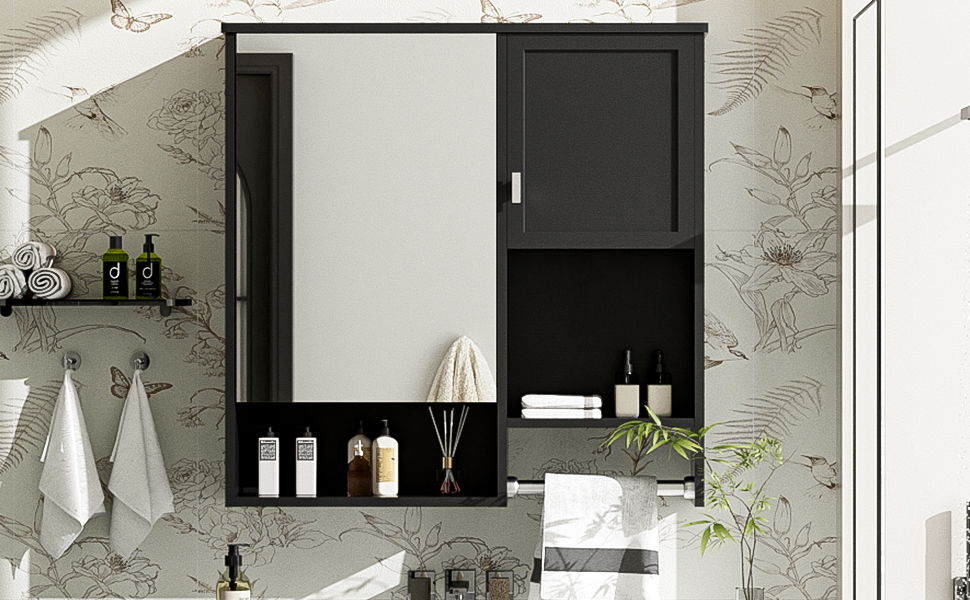 Modern Wall Mounted Bathroom Medicine Cabinet, Bathroom Wall Storage Cabinet With Mirror, Over The Toilet Space Saver Cabinet With Towels Bar - Black