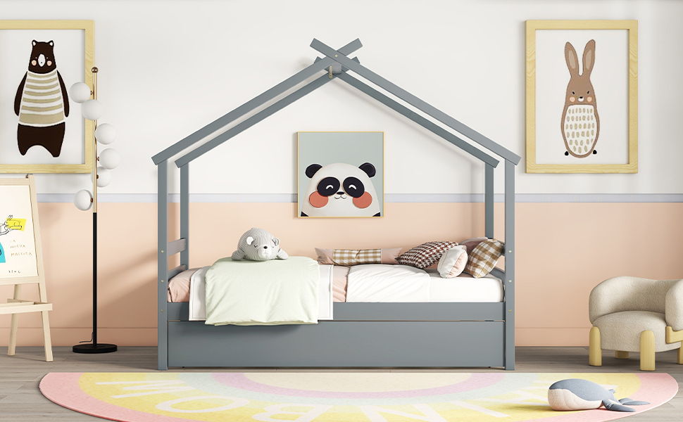 Twin Size House-Shaped Bed With Trundle - Gray