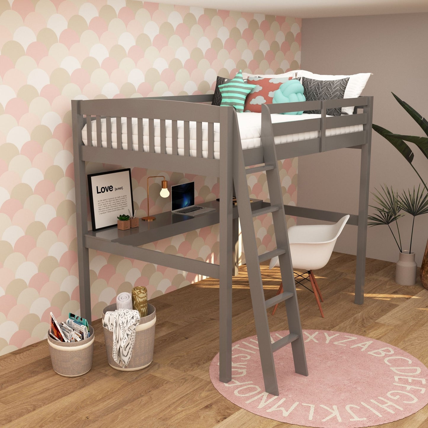 Everest - Full Size For Kids And Toddlers High Loft Bed With Desk And Storage - Gray