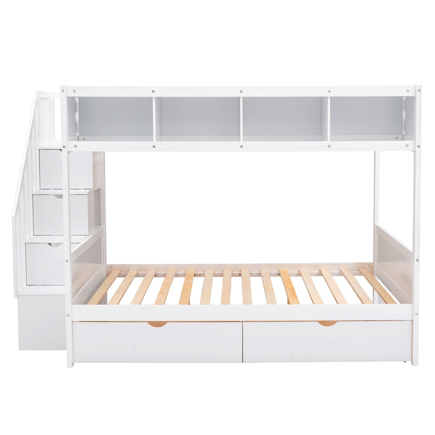 Twin Over Full Bunk Bed With Shelfs, Storage Staircase And 2 Drawers - White