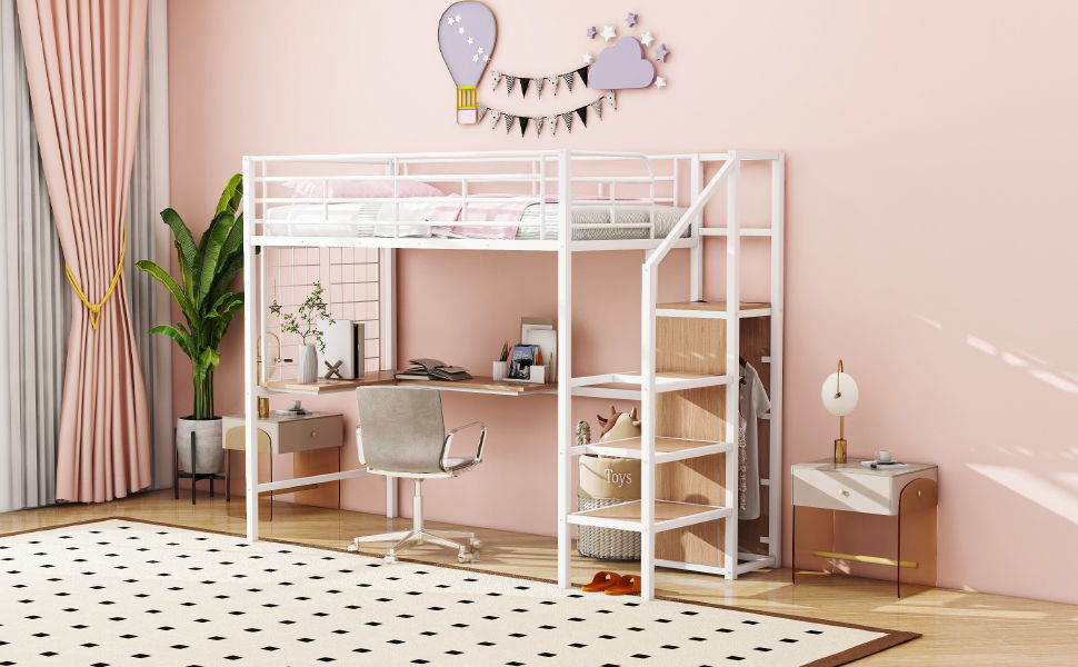 Twin Size Loft Bed With Desk And Grid, Stylish Frame With Lateral Storage Ladder And Wardrobe - White