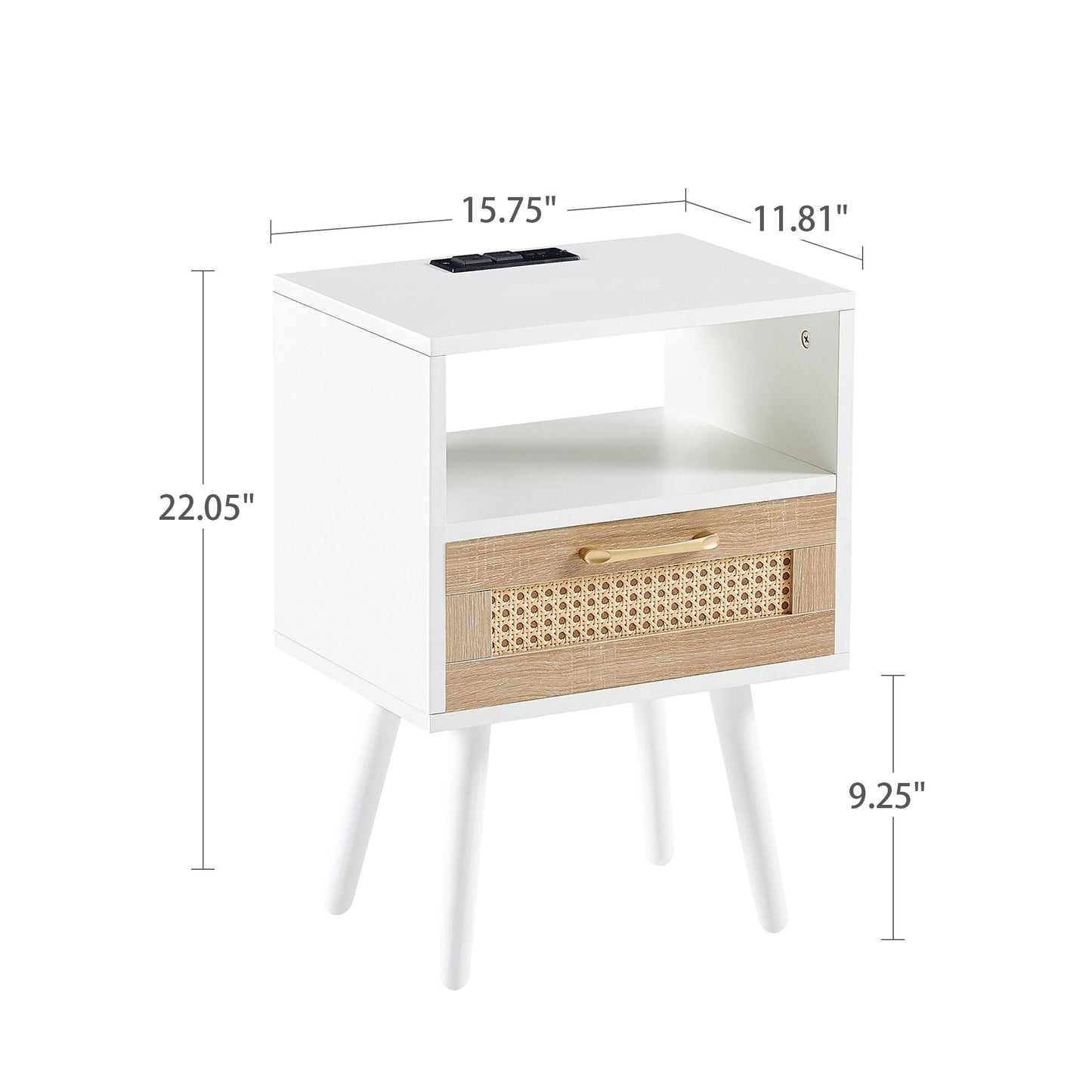 15.75" Rattan End Table With Power Outlet & USB Ports, Modern Nightstand With Drawer And Solid Wood Legs, Side Table For Living Room, Bedroom - White