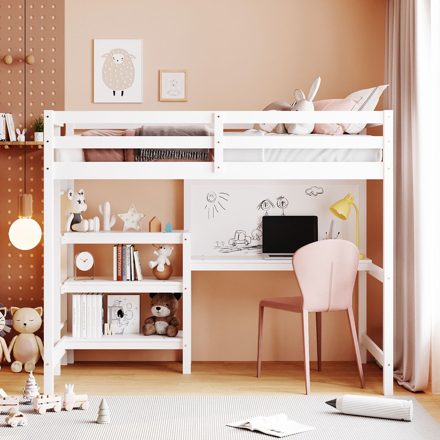 Twin Size Loft Bed With Shelves, Desk And Writing Board - White