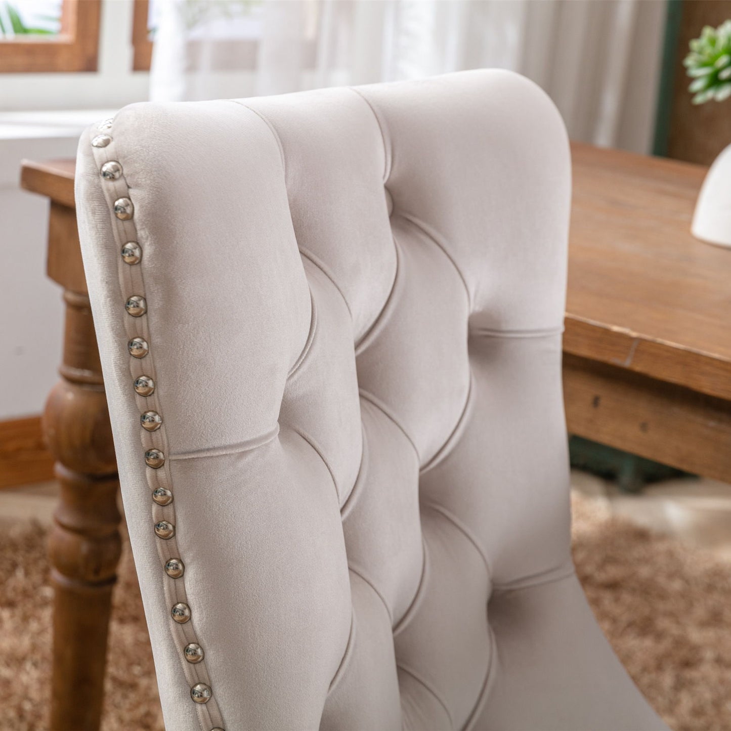 Nikki - Modern, High-End Tufted Solid Wood Contemporary Velvet Upholstered Dining Chair With Wood Legs Nailhead Trim (Set of 2) - Beige