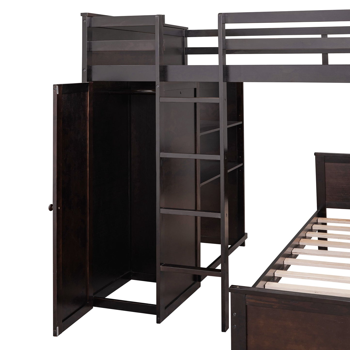 Full Size Loft Bed With A Twin Size Standalone Bed, Shelves, Desk, And Wardrobe - Espresso