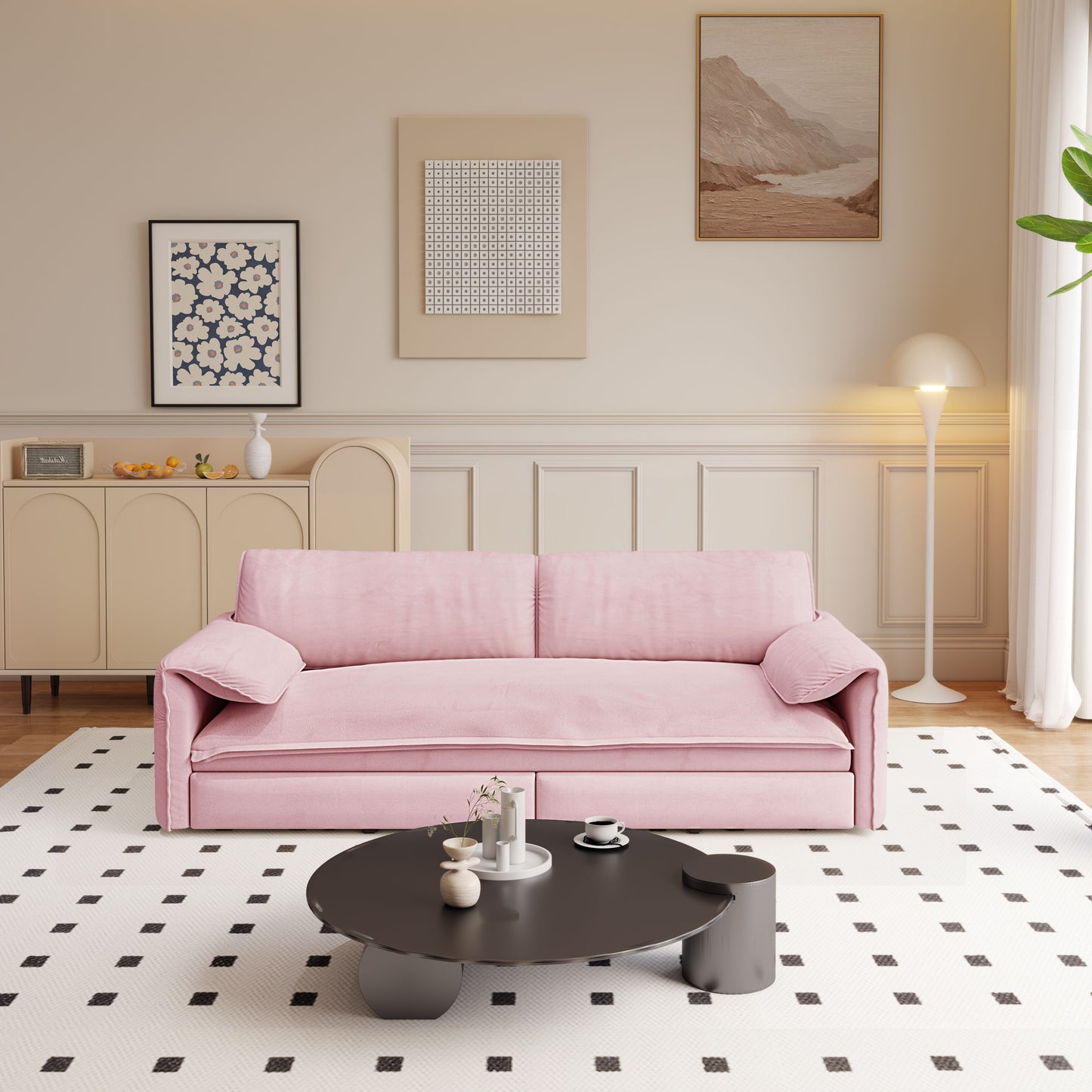 Queen Pull Out Sofa Bed, 3 In 1 Convertible Sleeper Sofa With Side Storage Multifunctional Velvet Loveseat Bed For Living Room - Pink